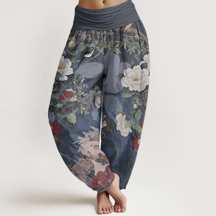 Pantalon sarouel décontracté en pur coton avec Buddha Stones , motif fleurs de pivoine et feuilles de pie, taille élastique pour femme