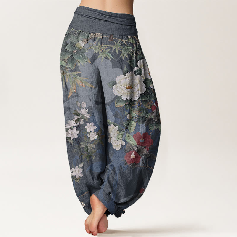 Pantalon sarouel décontracté en pur coton avec Buddha Stones , motif fleurs de pivoine et feuilles de pie, taille élastique pour femme