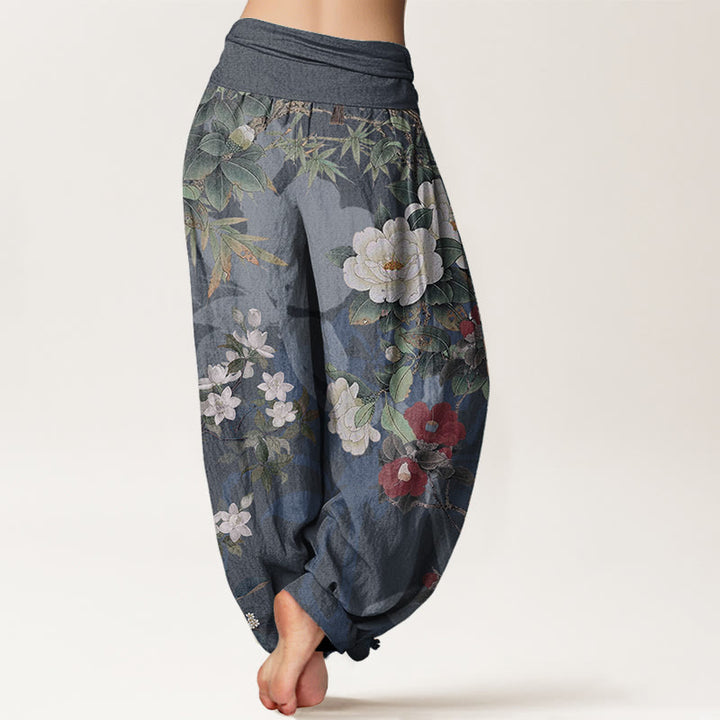 Pantalon sarouel décontracté en pur coton avec Buddha Stones , motif fleurs de pivoine et feuilles de pie, taille élastique pour femme