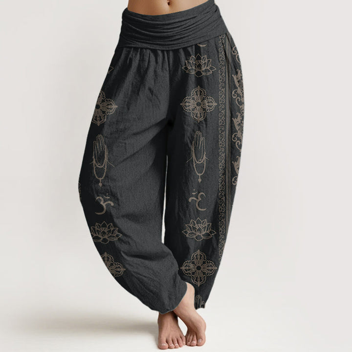Pantalon sarouel taille élastique pour femme, motif Buddha Stones, pur coton, fleurs de lotus, double Dorje, Vajra, Namaste, Om
