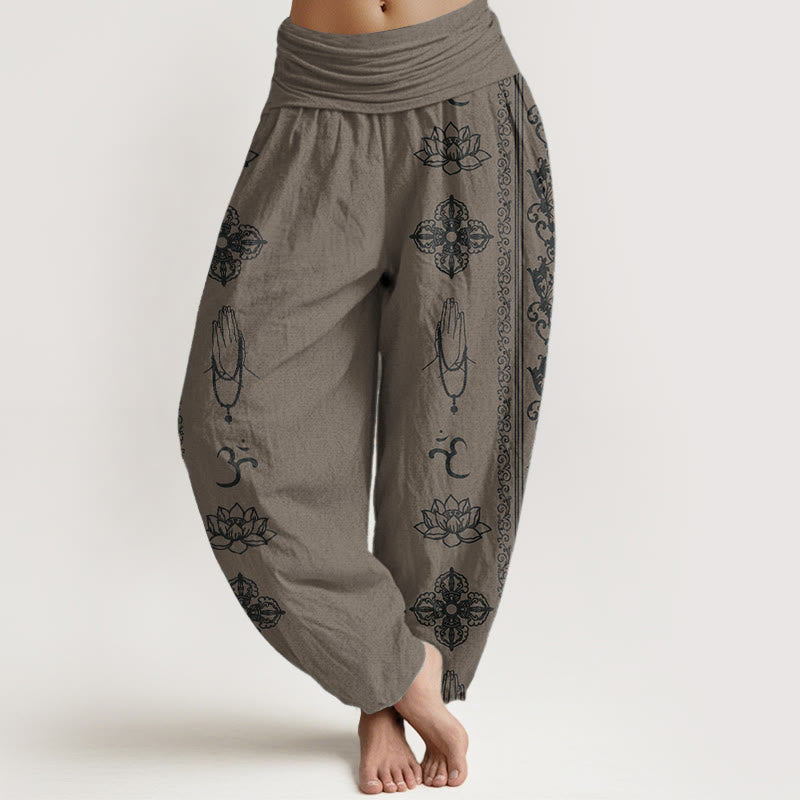 Pantalon sarouel taille élastique pour femme, motif Buddha Stones, pur coton, fleurs de lotus, double Dorje, Vajra, Namaste, Om