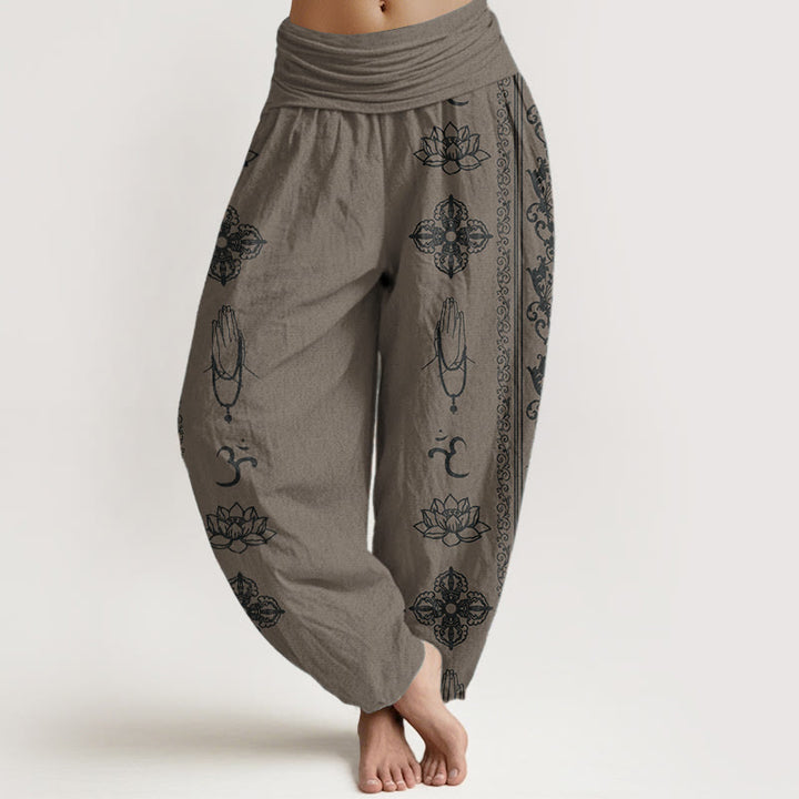 Pantalon sarouel taille élastique pour femme, motif Buddha Stones, pur coton, fleurs de lotus, double Dorje, Vajra, Namaste, Om