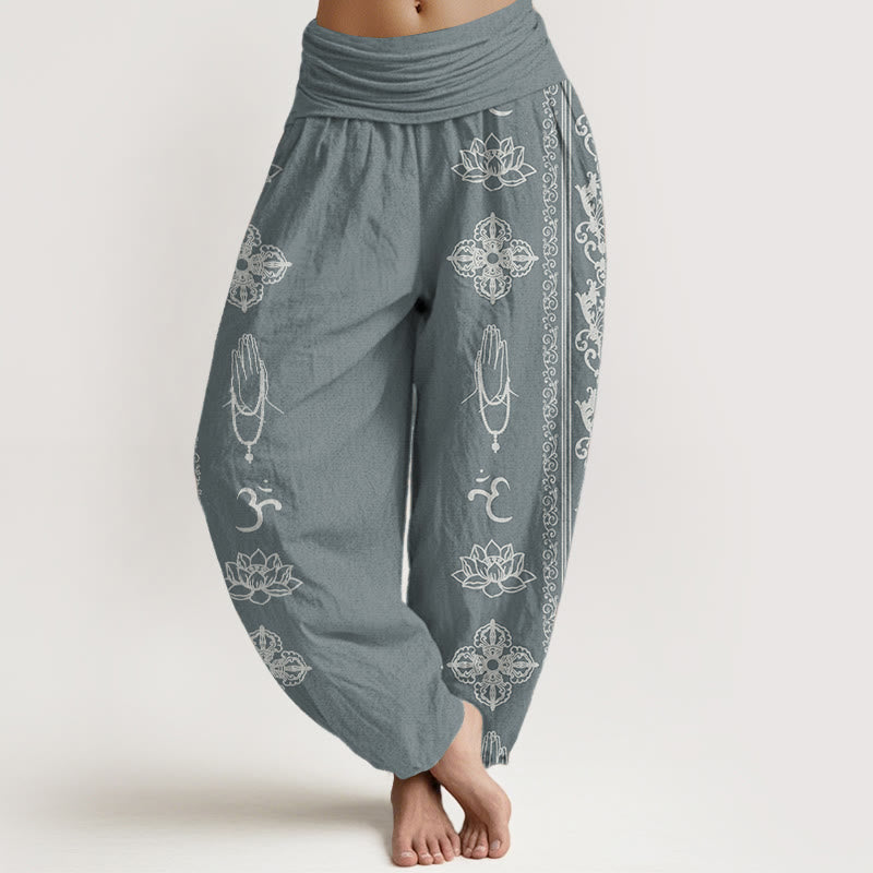Pantalon sarouel taille élastique pour femme, motif Buddha Stones, pur coton, fleurs de lotus, double Dorje, Vajra, Namaste, Om