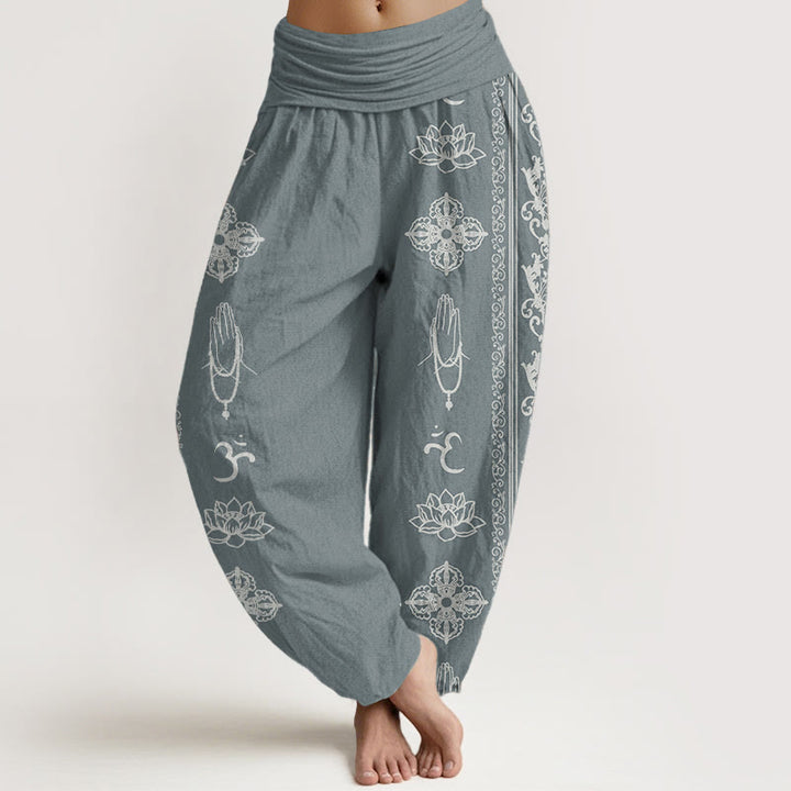 Pantalon sarouel taille élastique pour femme, motif Buddha Stones, pur coton, fleurs de lotus, double Dorje, Vajra, Namaste, Om