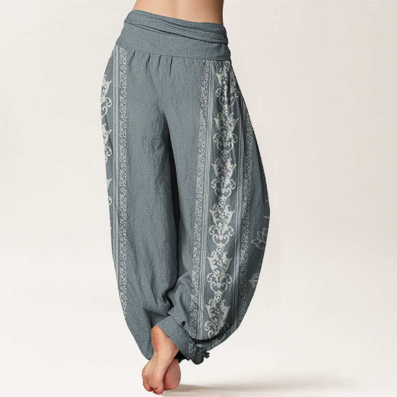 Pantalon sarouel taille élastique pour femme, motif Buddha Stones, pur coton, fleurs de lotus, double Dorje, Vajra, Namaste, Om