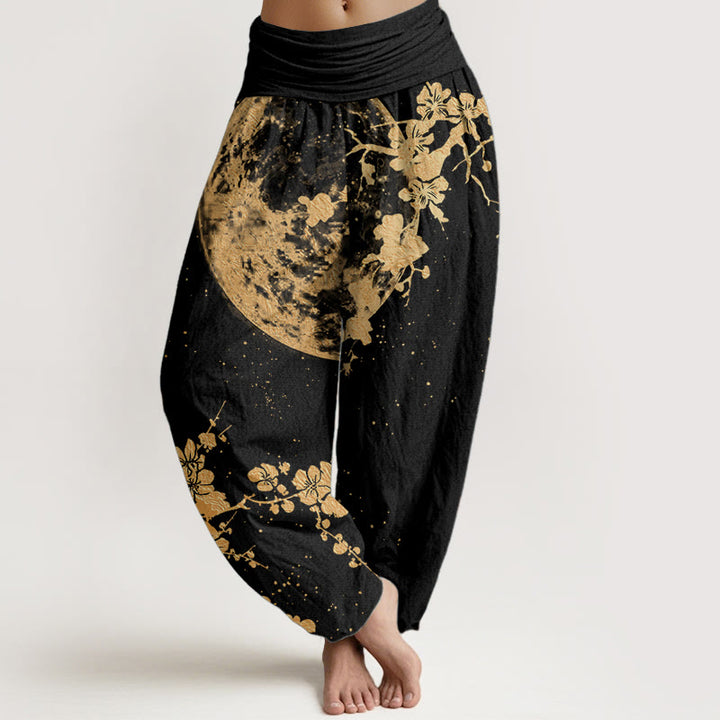 Pantalon Buddha Stones taille élastique pour femme en pur coton avec motif de fleurs de prunier dorées et de pleine lune