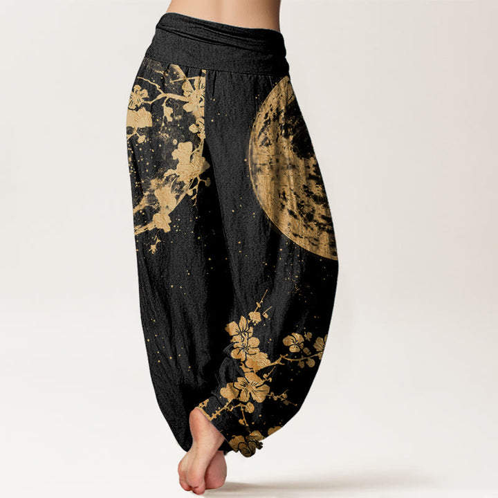 Pantalon Buddha Stones taille élastique pour femme en pur coton avec motif de fleurs de prunier dorées et de pleine lune