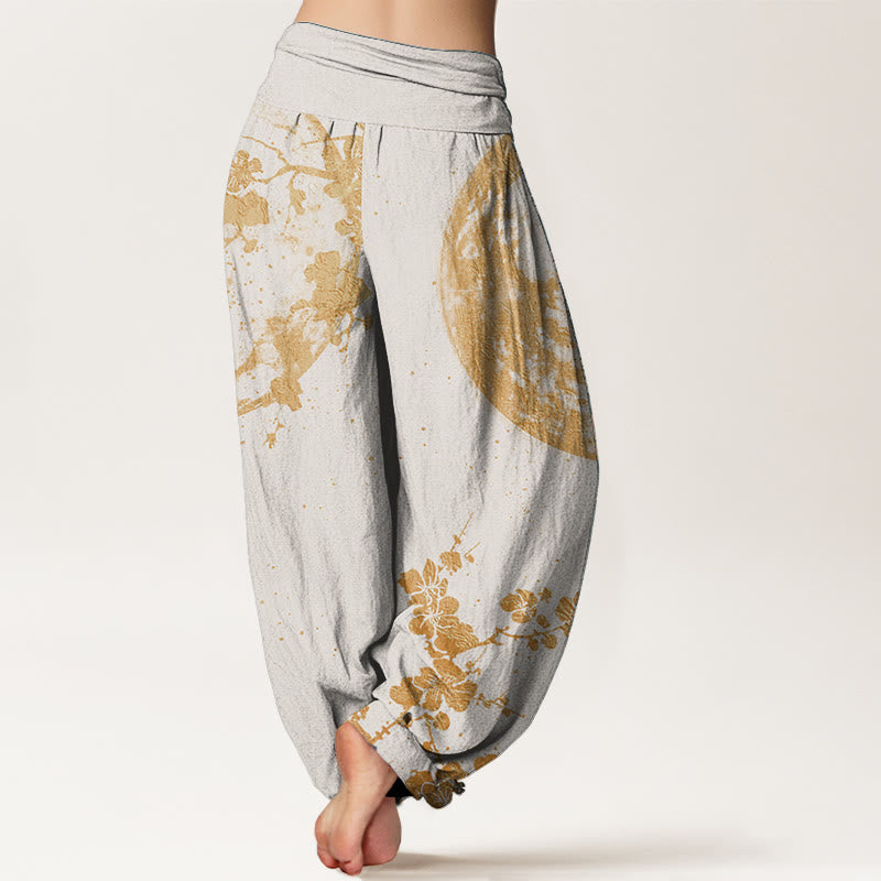 Pantalon Buddha Stones taille élastique pour femme en pur coton avec motif de fleurs de prunier dorées et de pleine lune