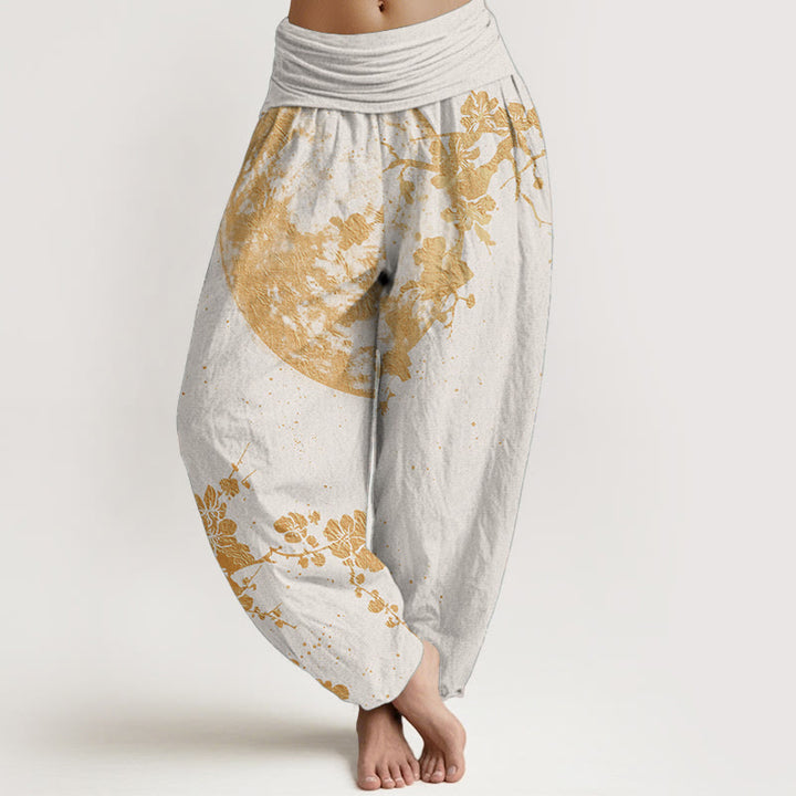 Pantalon Buddha Stones taille élastique pour femme en pur coton avec motif de fleurs de prunier dorées et de pleine lune