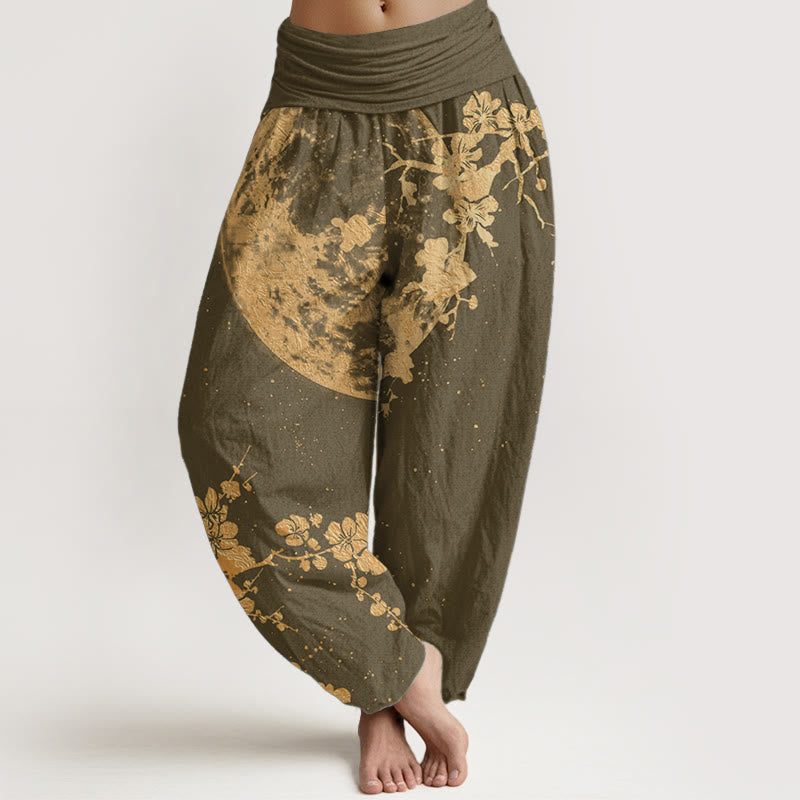 Pantalon Buddha Stones taille élastique pour femme en pur coton avec motif de fleurs de prunier dorées et de pleine lune - Olive - US22，UK/AU26，EU54 (6XL) - image 5