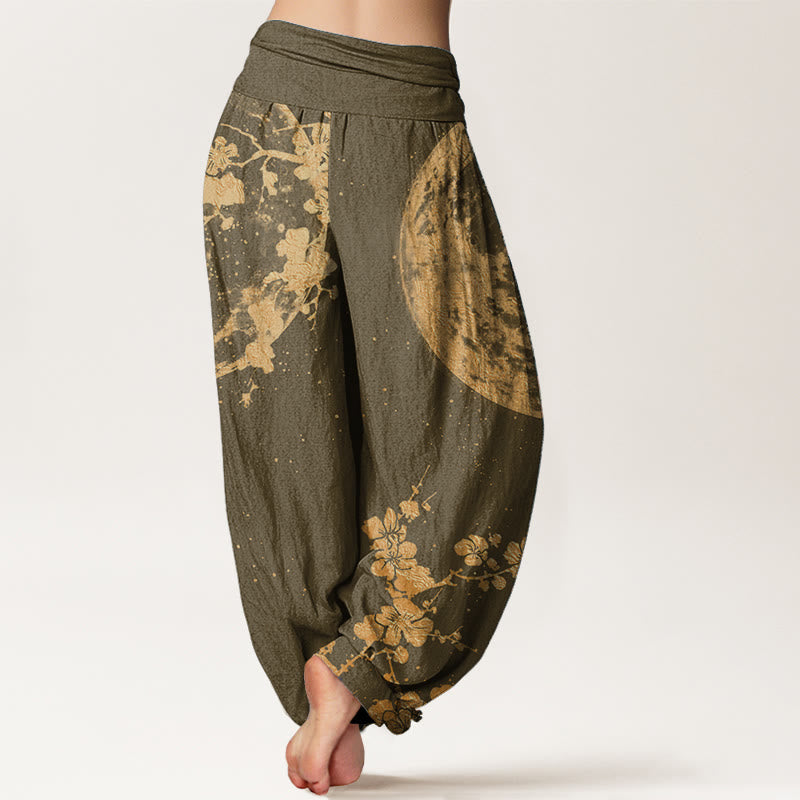 Pantalon Buddha Stones taille élastique pour femme en pur coton avec motif de fleurs de prunier dorées et de pleine lune