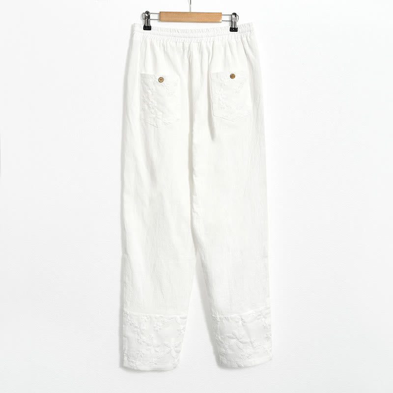 Pantalon en coton et lin pour femme avec poches, motif patchwork en dentelle blanche et Buddha Stones