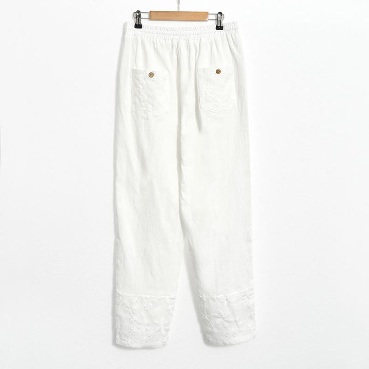 Pantalon en coton et lin pour femme avec poches, motif patchwork en dentelle blanche et Buddha Stones