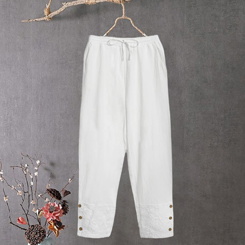 Pantalon en coton et lin pour femme avec poches, motif patchwork en dentelle blanche et Buddha Stones - Blanc - US14，UK/AU18，EU46 (2XL) - image 0