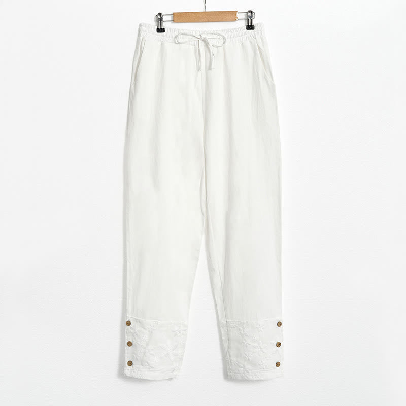 Pantalon en coton et lin pour femme avec poches, motif patchwork en dentelle blanche et Buddha Stones