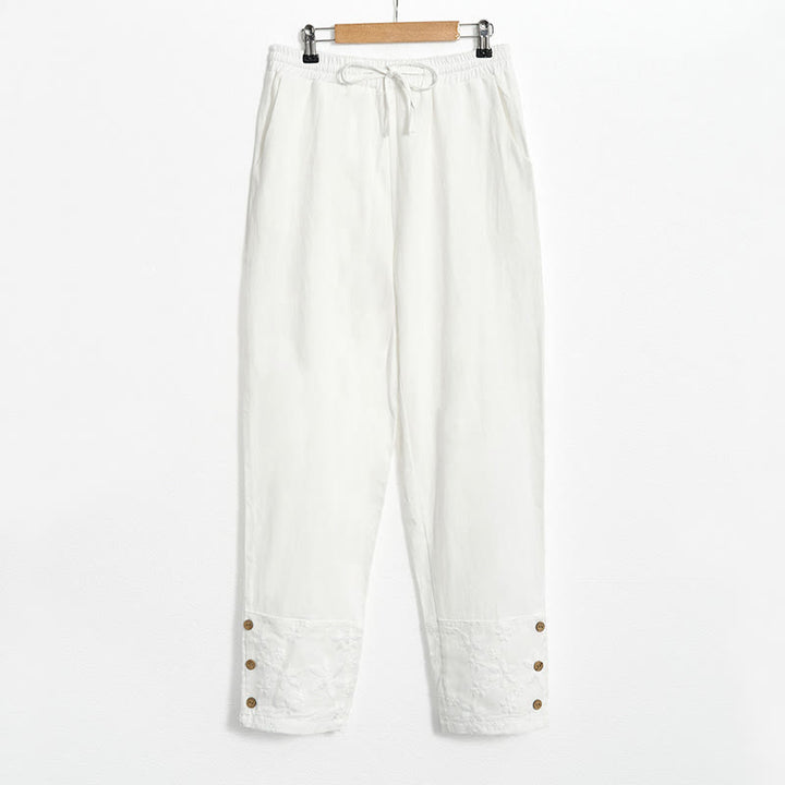 Pantalon en coton et lin pour femme avec poches, motif patchwork en dentelle blanche et Buddha Stones
