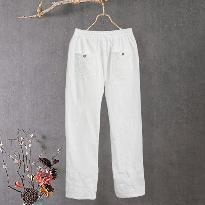 Pantalon en coton et lin pour femme avec poches, motif patchwork en dentelle blanche et Buddha Stones