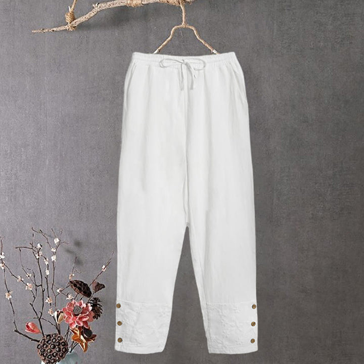 Pantalon en coton et lin pour femme avec poches, motif patchwork en dentelle blanche et Buddha Stones