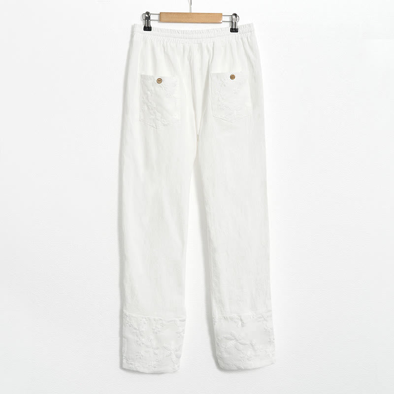 Pantalon en coton et lin pour femme avec poches, motif patchwork en dentelle blanche et Buddha Stones
