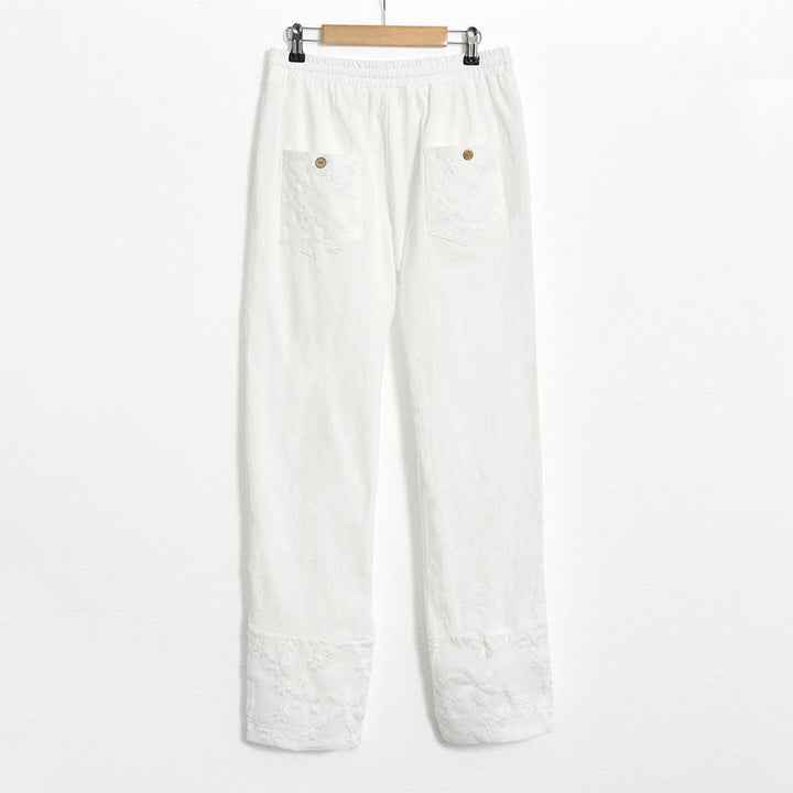 Pantalon en coton et lin pour femme avec poches, motif patchwork en dentelle blanche et Buddha Stones