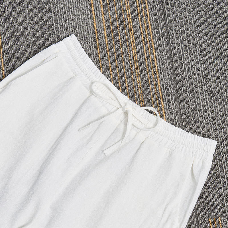Pantalon en coton et lin pour femme avec poches, motif patchwork en dentelle blanche et Buddha Stones
