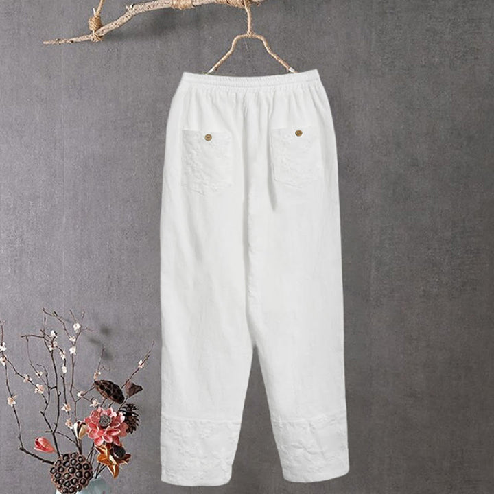 Pantalon en coton et lin pour femme avec poches, motif patchwork en dentelle blanche et Buddha Stones