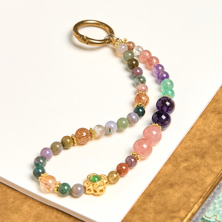 Buddha Stones Tourmaline naturelle Quartz fraise Améthyste Porte-clés positif Décoration à suspendre pour téléphone
