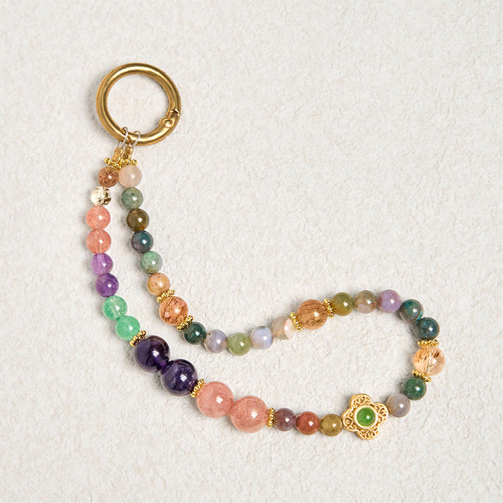 Buddha Stones Tourmaline naturelle Quartz fraise Améthyste Porte-clés positif Décoration à suspendre pour téléphone