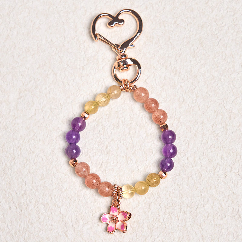 Porte-clés à suspendre en Buddha Stones, quartz fraise, améthyste, citrine, fleur d'amour