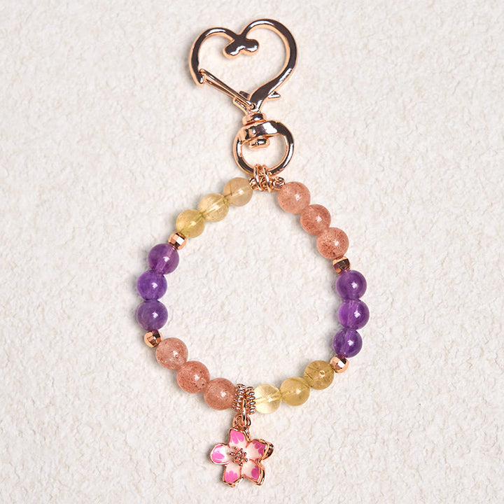 Porte-clés à suspendre en Buddha Stones, quartz fraise, améthyste, citrine, fleur d'amour