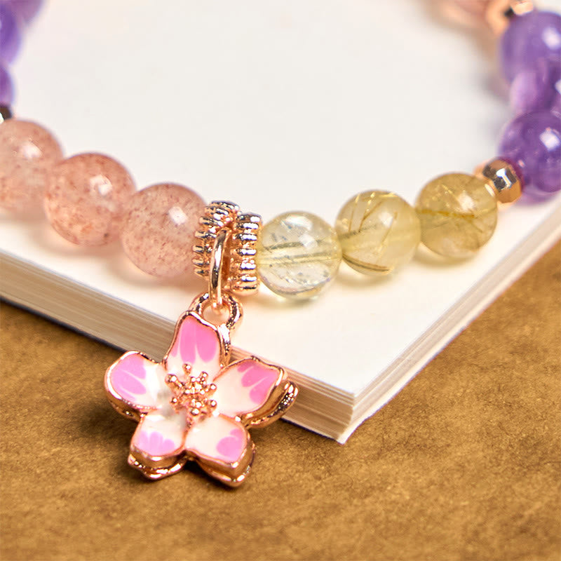 Porte-clés à suspendre en Buddha Stones, quartz fraise, améthyste, citrine, fleur d'amour
