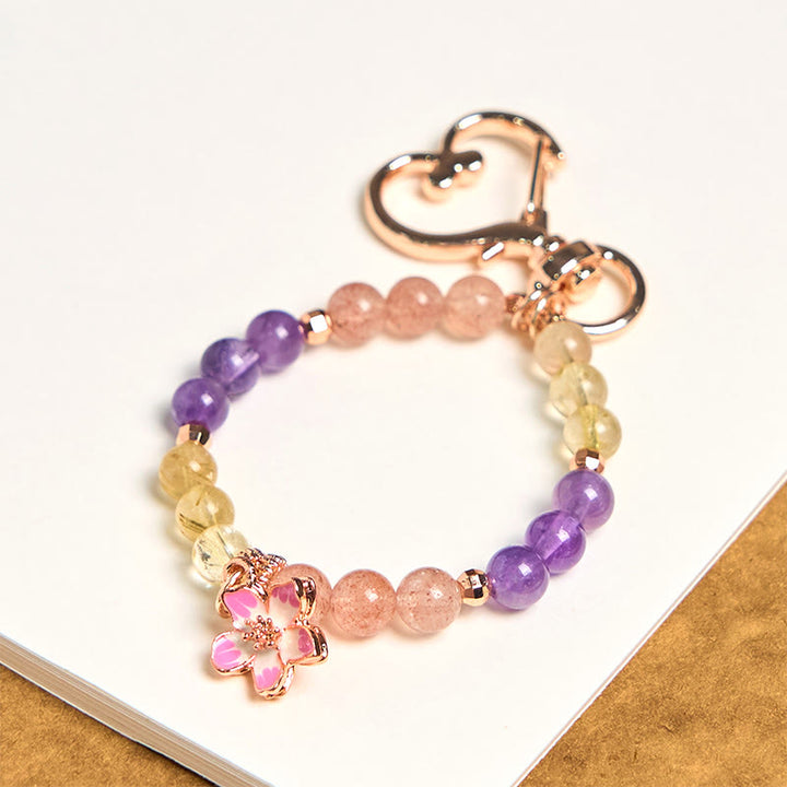 Porte-clés à suspendre en Buddha Stones, quartz fraise, améthyste, citrine, fleur d'amour