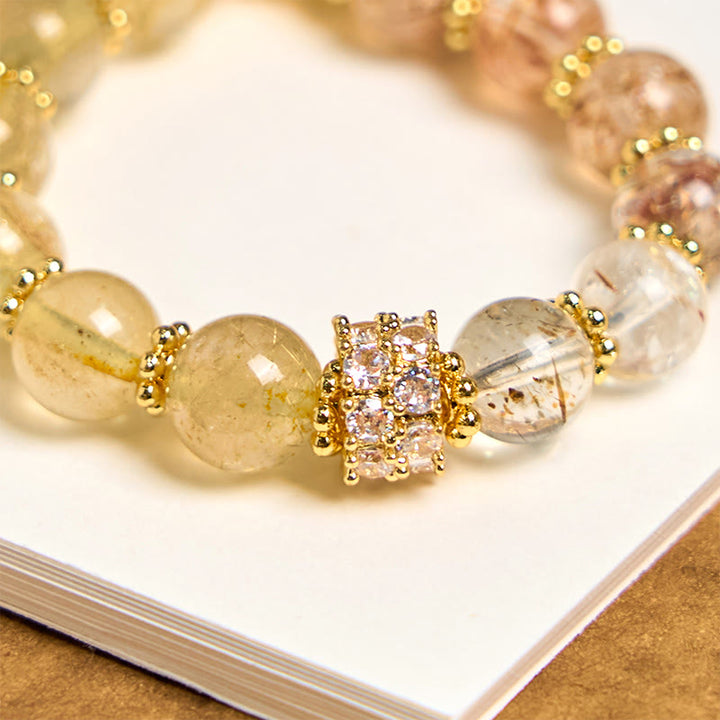 Porte-clés décoratif suspendu en quartz rutile doré et Buddha Stones