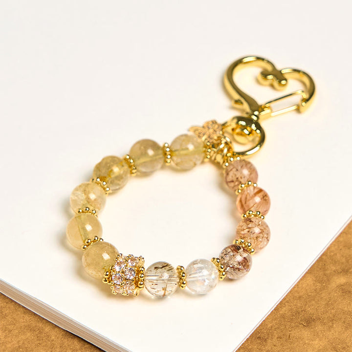 Porte-clés décoratif suspendu en quartz rutile doré et Buddha Stones