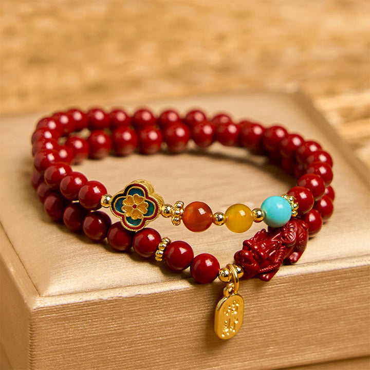 Bracelet double tour avec bénédiction du personnage PiXiu Fu et Buddha Stones en cinabre