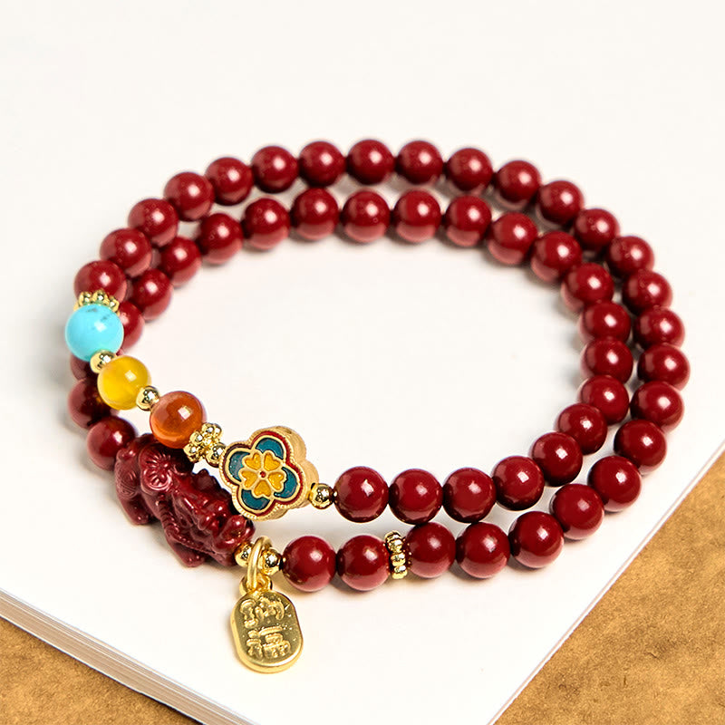 Bracelet double tour avec bénédiction du personnage PiXiu Fu et Buddha Stones en cinabre