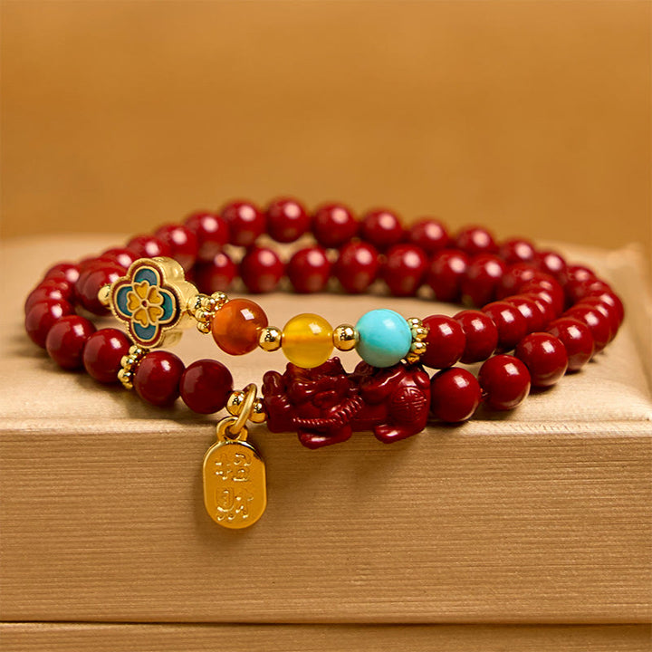 Bracelet double tour avec bénédiction du personnage PiXiu Fu et Buddha Stones en cinabre