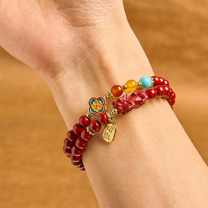 Bracelet double tour avec bénédiction du personnage PiXiu Fu et Buddha Stones en cinabre