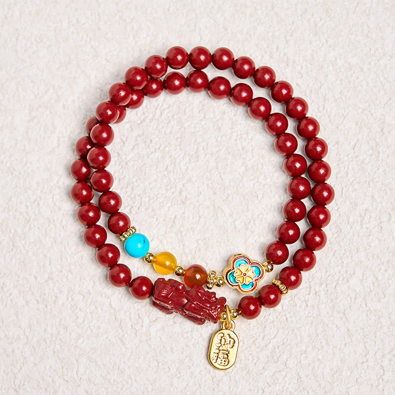 Bracelet double tour avec bénédiction du personnage PiXiu Fu et Buddha Stones en cinabre