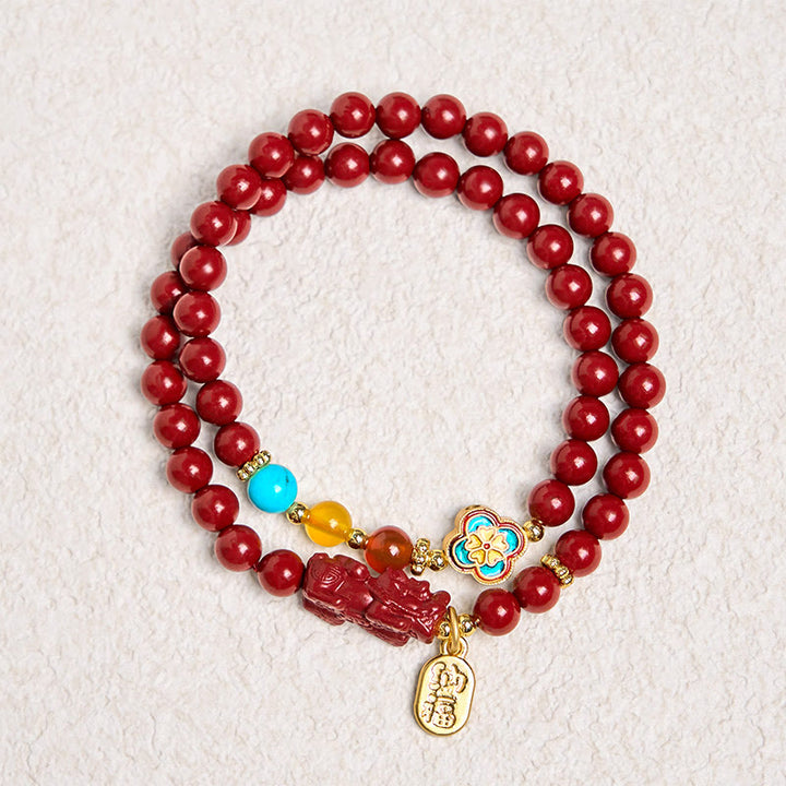 Bracelet double tour avec bénédiction du personnage PiXiu Fu et Buddha Stones en cinabre