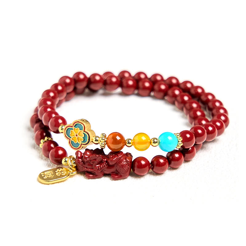 Bracelet double tour avec bénédiction du personnage PiXiu Fu et Buddha Stones en cinabre