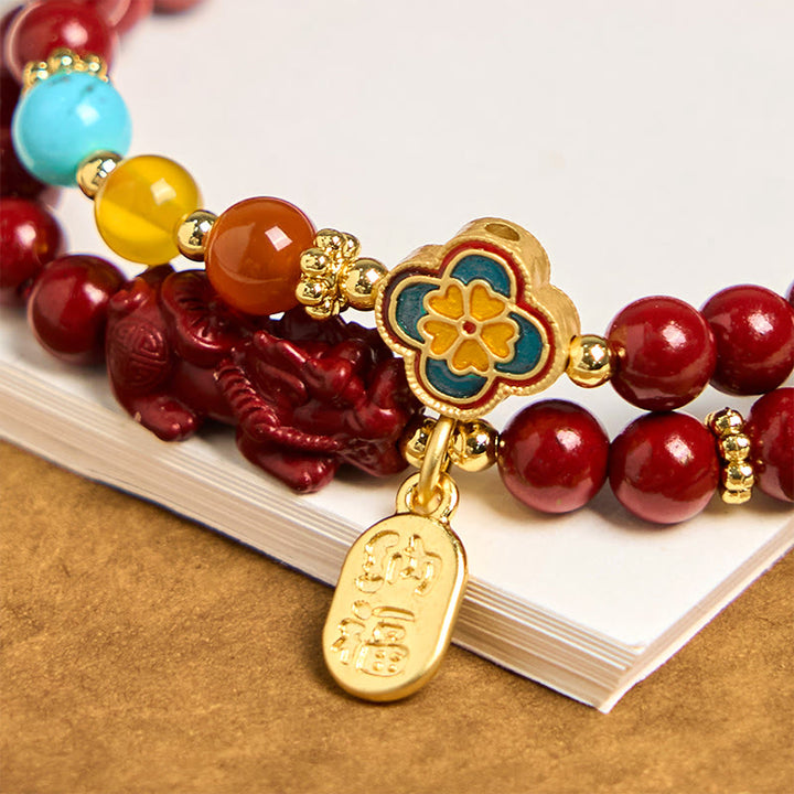 Bracelet double tour avec bénédiction du personnage PiXiu Fu et Buddha Stones en cinabre