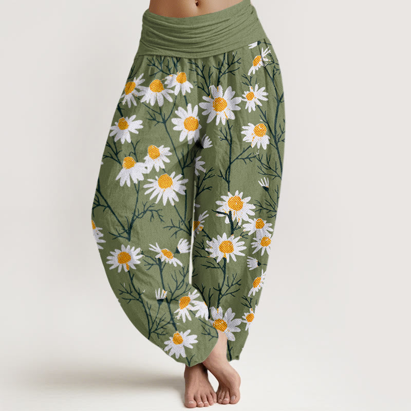 Pantalon sarouel à taille élastique pour femme, motif marguerites et pétales blancs, Buddha Stones - Vert citron - US22，UK/AU26，EU54 (6XL) - image 0
