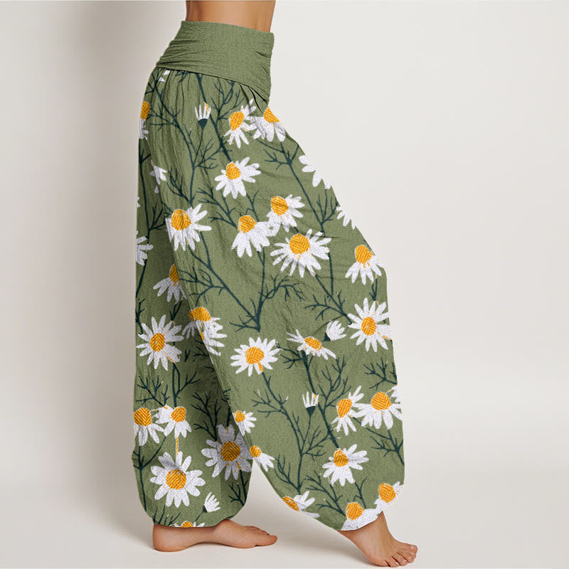 Pantalon sarouel à taille élastique pour femme, motif marguerites et pétales blancs, Buddha Stones - image 3
