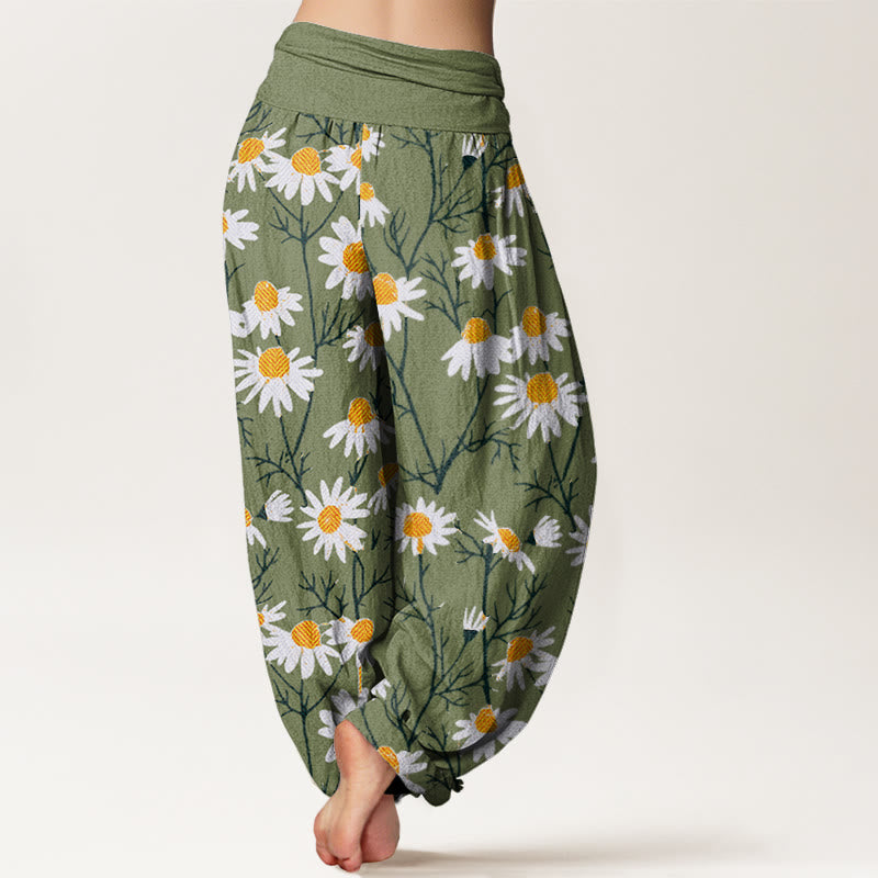 Pantalon sarouel à taille élastique pour femme, motif marguerites et pétales blancs, Buddha Stones - image 1