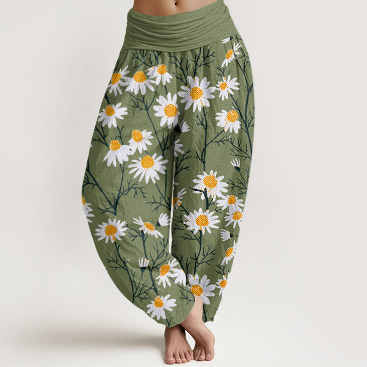 Pantalon harem à taille élastique pour femme, en coton blanc à motifs de pétales et de marguerites , Buddha Stones - Vert citron - US22，UK/AU26，EU54 (6XL) - image 0