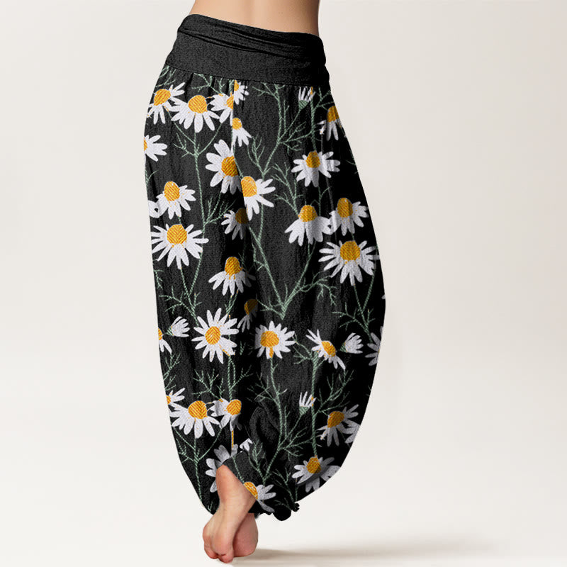 Pantalon sarouel à taille élastique pour femme, motif marguerites et pétales blancs, Buddha Stones - image 6