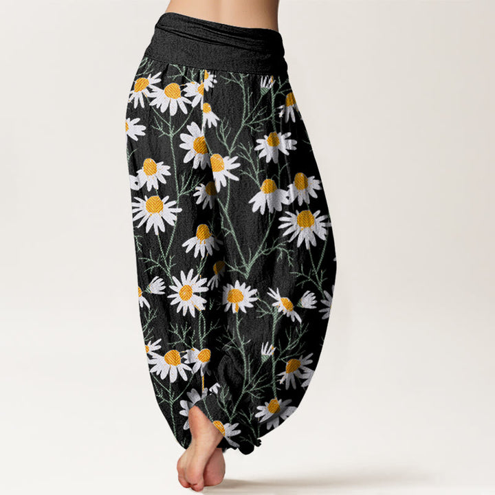 Pantalon sarouel à taille élastique pour femme, motif marguerites et pétales blancs, Buddha Stones - image 6