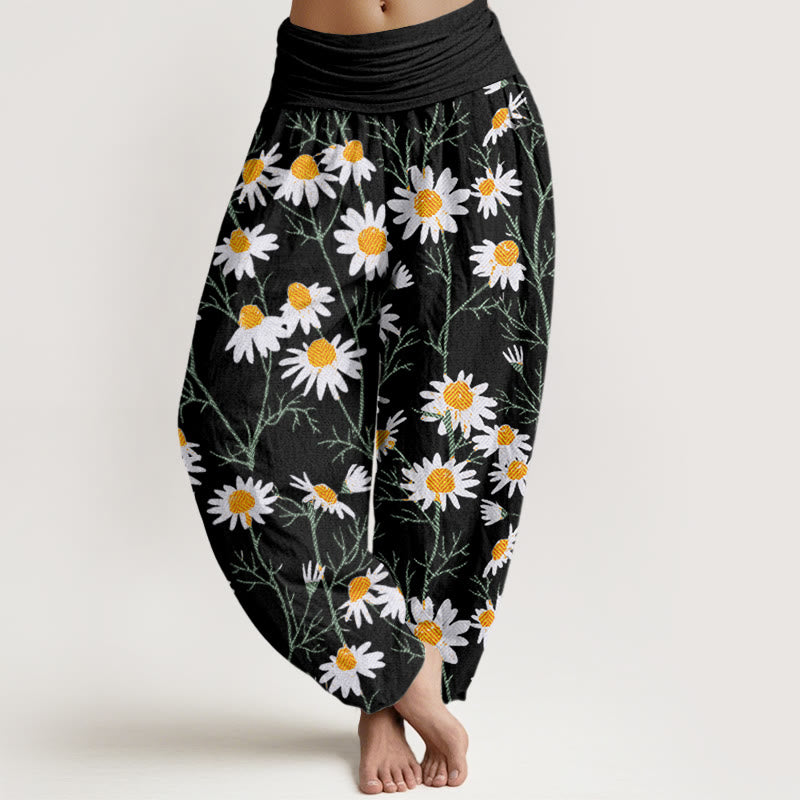 Pantalon sarouel à taille élastique pour femme, motif marguerites et pétales blancs, Buddha Stones - Noir - US22，UK/AU26，EU54 (6XL) - image 5