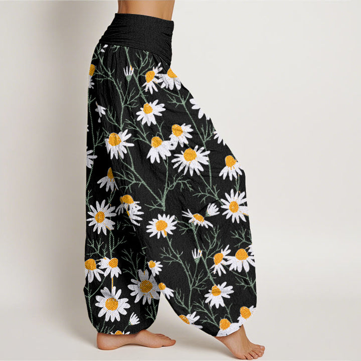 Pantalon sarouel à taille élastique pour femme, motif marguerites et pétales blancs, Buddha Stones - image 6